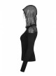 Shoulder Splice Mesh Front Chest D-Buckle Leather Strap Long Sleeves Black Punk Knit Hooded T-Shirt