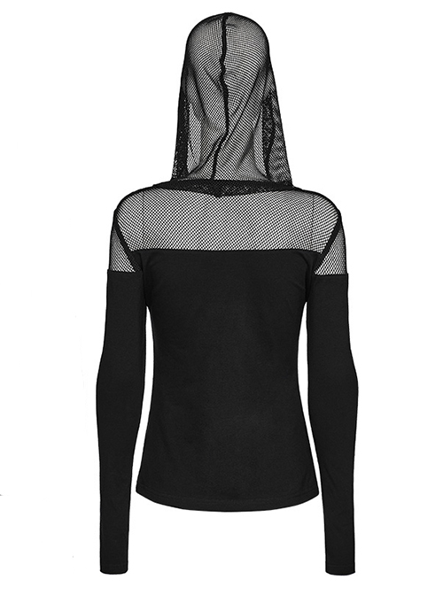 Shoulder Splice Mesh Front Chest D-Buckle Leather Strap Long Sleeves Black Punk Knit Hooded T-Shirt
