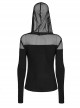 Shoulder Splice Mesh Front Chest D-Buckle Leather Strap Long Sleeves Black Punk Knit Hooded T-Shirt