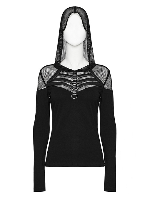 Shoulder Splice Mesh Front Chest D-Buckle Leather Strap Long Sleeves Black Punk Knit Hooded T-Shirt