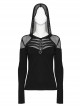 Shoulder Splice Mesh Front Chest D-Buckle Leather Strap Long Sleeves Black Punk Knit Hooded T-Shirt