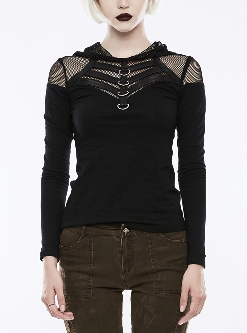 Shoulder Splice Mesh Front Chest D-Buckle Leather Strap Long Sleeves Black Punk Knit Hooded T-Shirt