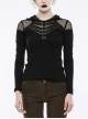 Shoulder Splice Mesh Front Chest D-Buckle Leather Strap Long Sleeves Black Punk Knit Hooded T-Shirt