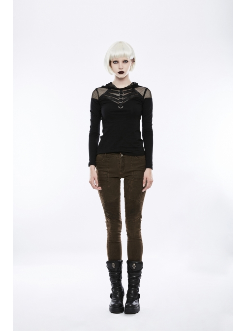 Shoulder Splice Mesh Front Chest D-Buckle Leather Strap Long Sleeves Black Punk Knit Hooded T-Shirt