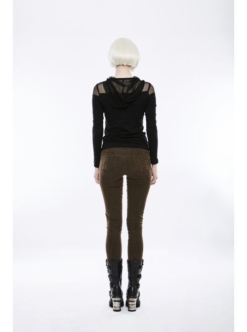 Shoulder Splice Mesh Front Chest D-Buckle Leather Strap Long Sleeves Black Punk Knit Hooded T-Shirt