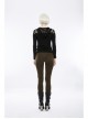 Shoulder Splice Mesh Front Chest D-Buckle Leather Strap Long Sleeves Black Punk Knit Hooded T-Shirt