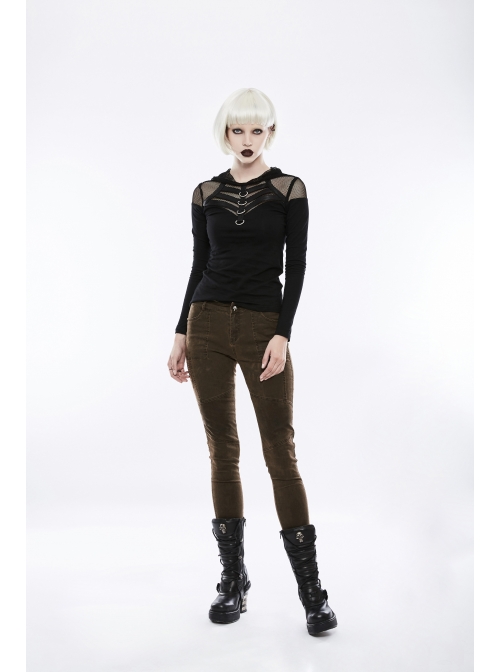 Shoulder Splice Mesh Front Chest D-Buckle Leather Strap Long Sleeves Black Punk Knit Hooded T-Shirt