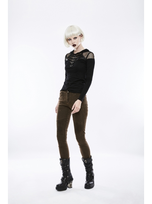 Shoulder Splice Mesh Front Chest D-Buckle Leather Strap Long Sleeves Black Punk Knit Hooded T-Shirt