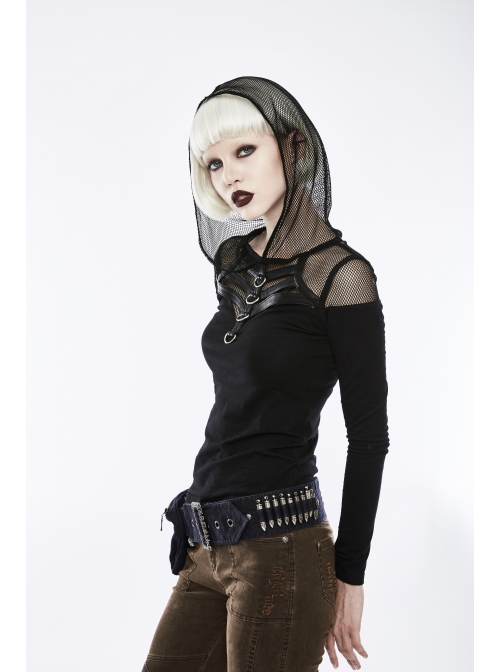 Shoulder Splice Mesh Front Chest D-Buckle Leather Strap Long Sleeves Black Punk Knit Hooded T-Shirt