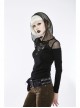 Shoulder Splice Mesh Front Chest D-Buckle Leather Strap Long Sleeves Black Punk Knit Hooded T-Shirt