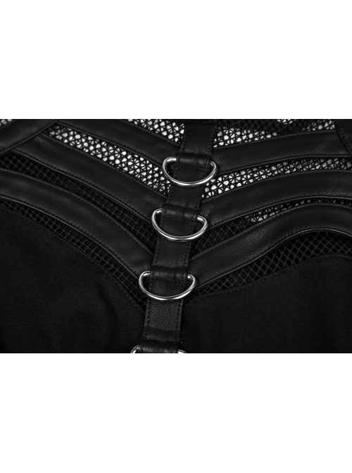 Shoulder Splice Mesh Front Chest D-Buckle Leather Strap Long Sleeves Black Punk Knit Hooded T-Shirt