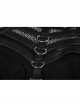 Shoulder Splice Mesh Front Chest D-Buckle Leather Strap Long Sleeves Black Punk Knit Hooded T-Shirt