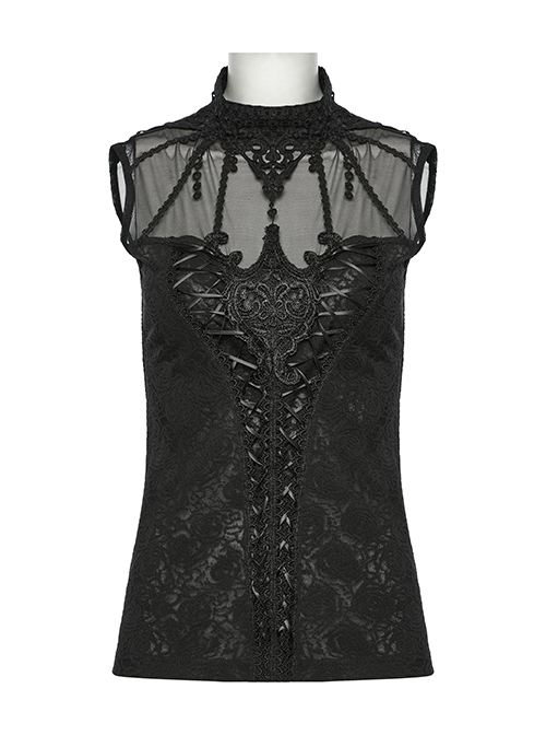 Black Jacquard Fringed Lace High Collar Chest Splice Mesh Lace-Up Gothic Sleeveless T-Shirt