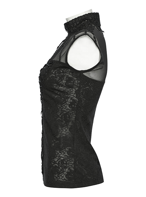 Black Jacquard Fringed Lace High Collar Chest Splice Mesh Lace-Up Gothic Sleeveless T-Shirt