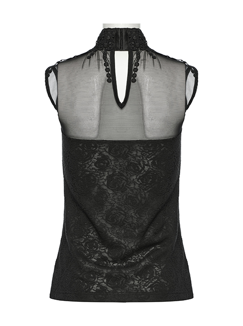 Black Jacquard Fringed Lace High Collar Chest Splice Mesh Lace-Up Gothic Sleeveless T-Shirt