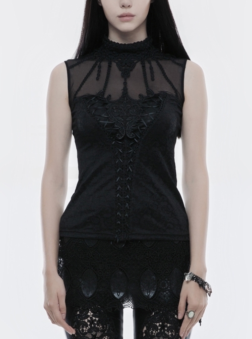 Black Jacquard Fringed Lace High Collar Chest Splice Mesh Lace-Up Gothic Sleeveless T-Shirt