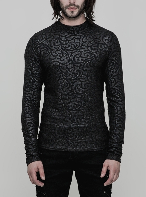 Black Jacquard Print Long Sleeves Tight Gothic T-Shirt