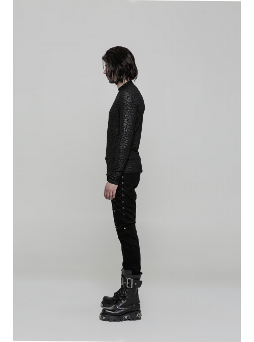 Black Jacquard Print Long Sleeves Tight Gothic T-Shirt