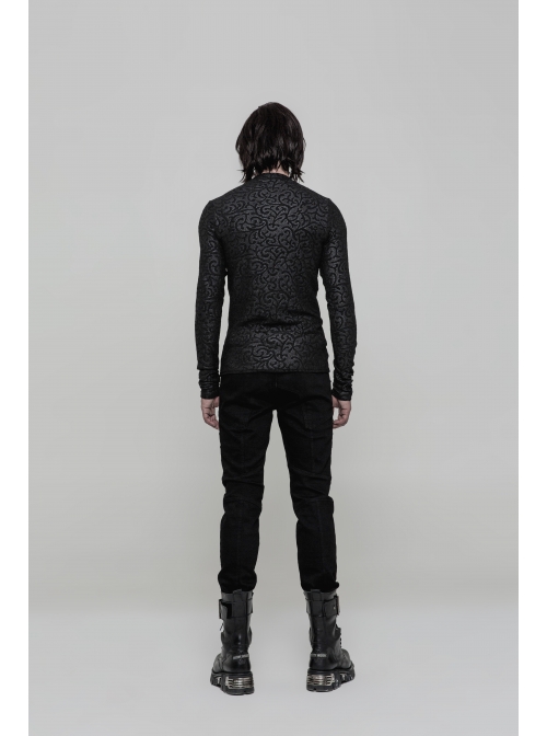 Black Jacquard Print Long Sleeves Tight Gothic T-Shirt