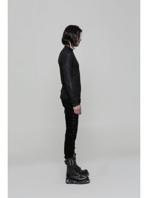 Black Jacquard Print Long Sleeves Tight Gothic T-Shirt