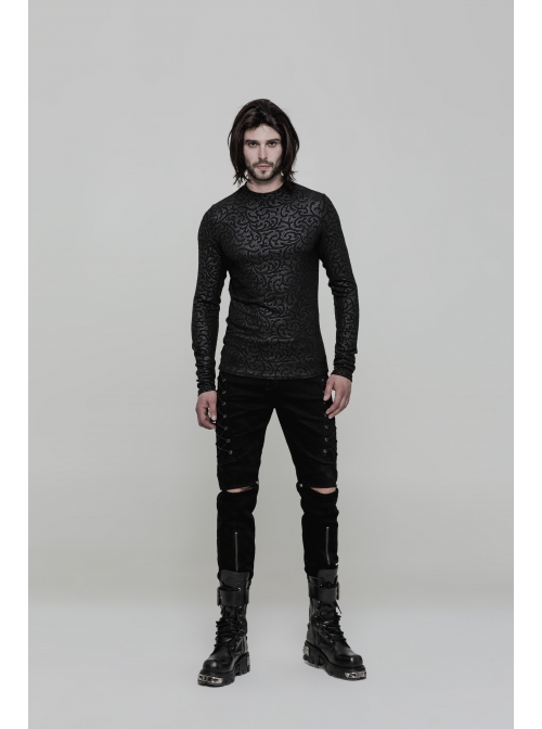 Black Jacquard Print Long Sleeves Tight Gothic T-Shirt