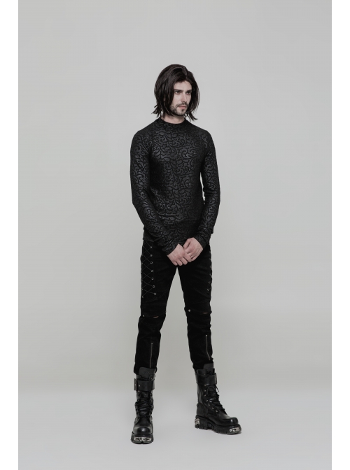 Black Jacquard Print Long Sleeves Tight Gothic T-Shirt
