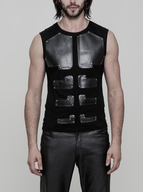 Front Splice Pu Leather Decoration Rivet Black Punk Skinny Sleeveless T-Shirt
