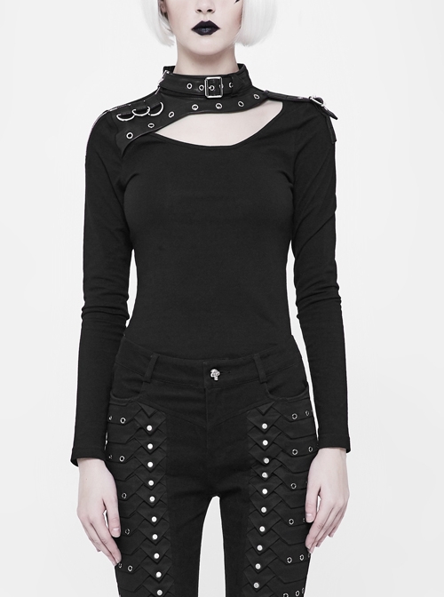 Metal Hasp High Collar Chest Hollow-Out D-Buckle Eyelets Decoration Long Sleeves Black Punk Tight T-Shirt