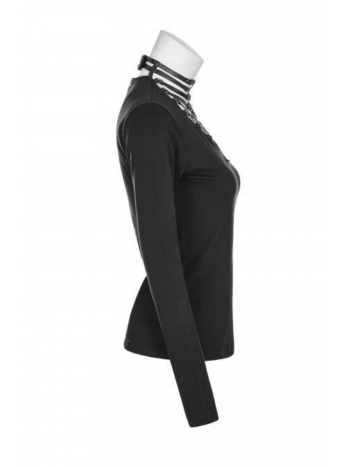 Front Hollow-Out Leather Buckle Loops Neckline Long Sleeves Black Punk Tight Knit T-Shirt