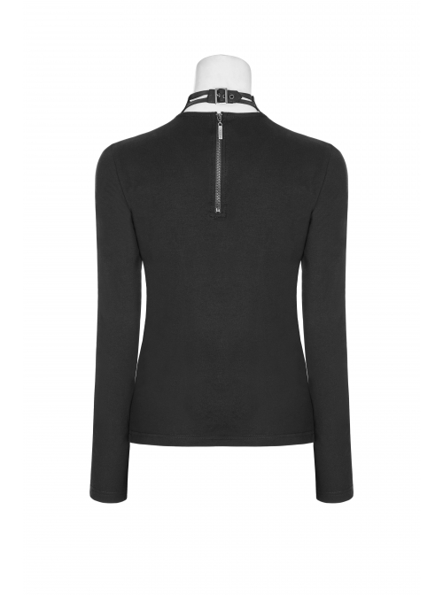 Front Hollow-Out Leather Buckle Loops Neckline Long Sleeves Black Punk Tight Knit T-Shirt