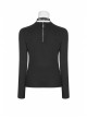 Front Hollow-Out Leather Buckle Loops Neckline Long Sleeves Black Punk Tight Knit T-Shirt