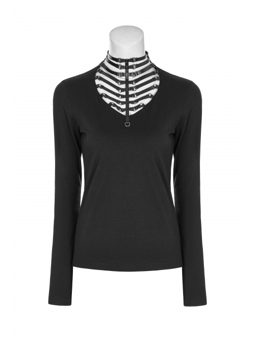 Front Hollow-Out Leather Buckle Loops Neckline Long Sleeves Black Punk Tight Knit T-Shirt
