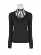 Front Hollow-Out Leather Buckle Loops Neckline Long Sleeves Black Punk Tight Knit T-Shirt