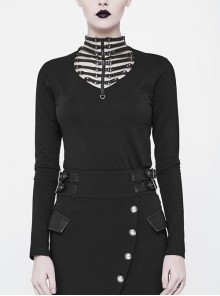Front Hollow-Out Leather Buckle Loops Neckline Long Sleeves Black Punk Tight Knit T-Shirt
