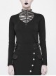 Front Hollow-Out Leather Buckle Loops Neckline Long Sleeves Black Punk Tight Knit T-Shirt