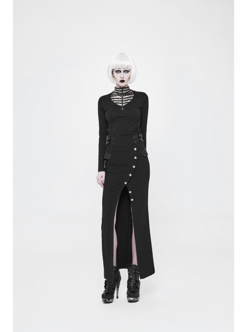 Front Hollow-Out Leather Buckle Loops Neckline Long Sleeves Black Punk Tight Knit T-Shirt