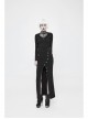 Front Hollow-Out Leather Buckle Loops Neckline Long Sleeves Black Punk Tight Knit T-Shirt