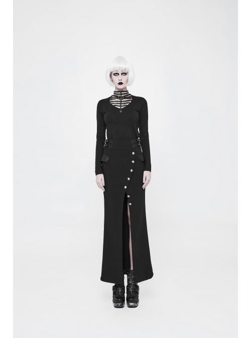 Front Hollow-Out Leather Buckle Loops Neckline Long Sleeves Black Punk Tight Knit T-Shirt