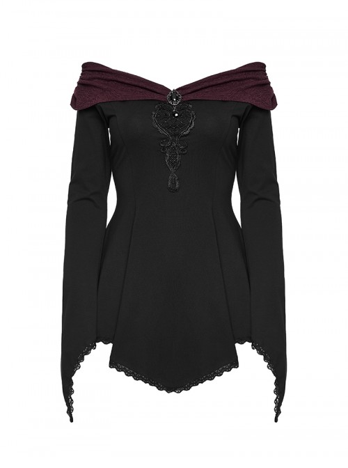 Off-Shoulder Wine Red Retro Boat Collar Front Chest Embroidered Flare Sleeve Lace Hem Black Gothic Knit T-Shirt