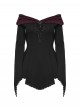 Off-Shoulder Wine Red Retro Boat Collar Front Chest Embroidered Flare Sleeve Lace Hem Black Gothic Knit T-Shirt