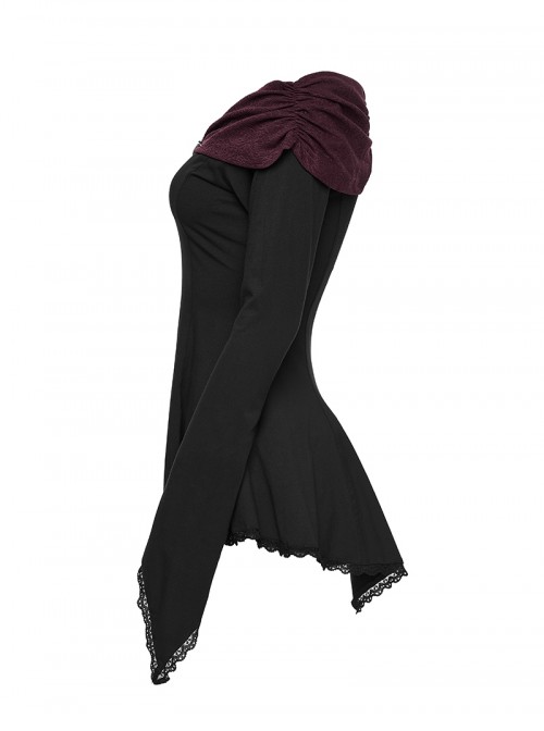 Off-Shoulder Wine Red Retro Boat Collar Front Chest Embroidered Flare Sleeve Lace Hem Black Gothic Knit T-Shirt