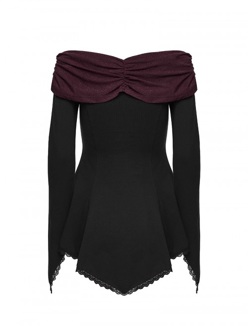 Off-Shoulder Wine Red Retro Boat Collar Front Chest Embroidered Flare Sleeve Lace Hem Black Gothic Knit T-Shirt