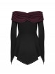 Off-Shoulder Wine Red Retro Boat Collar Front Chest Embroidered Flare Sleeve Lace Hem Black Gothic Knit T-Shirt