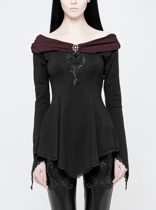 Off-Shoulder Wine Red Retro Boat Collar Front Chest Embroidered Flare Sleeve Lace Hem Black Gothic Knit T-Shirt