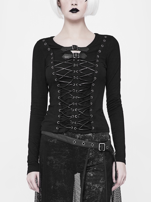 Leather Hasp Collar Front Metal Eyelets Lace-Up Long Sleeves Black Punk Knit T-Shirt