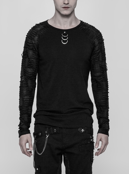 Front Collar Metal D-Buckle Broken Holes Raglan Sleeve Black Punk Knit T-Shirt
