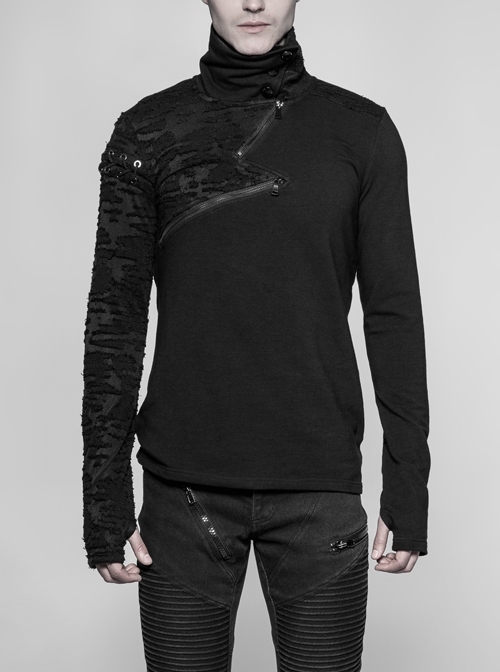 S-Shaped Zipper Button High Collar Right Sleeve Broken Holes Knit Metal Eyelets Lace-Up Black Punk Sweater