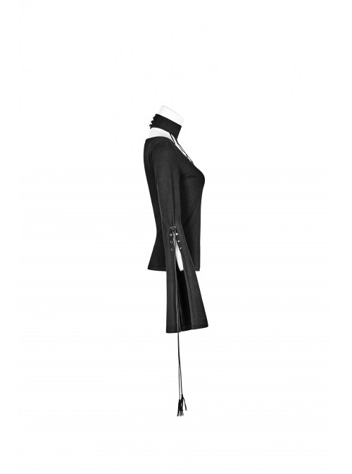 High Collar Front Chest Hollow-Out Knit Strip Open-Fork Horns Sleeve Leather Lace-Up Tassel Black Gothic T-Shirt