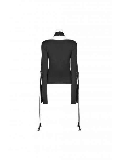 High Collar Front Chest Hollow-Out Knit Strip Open-Fork Horns Sleeve Leather Lace-Up Tassel Black Gothic T-Shirt