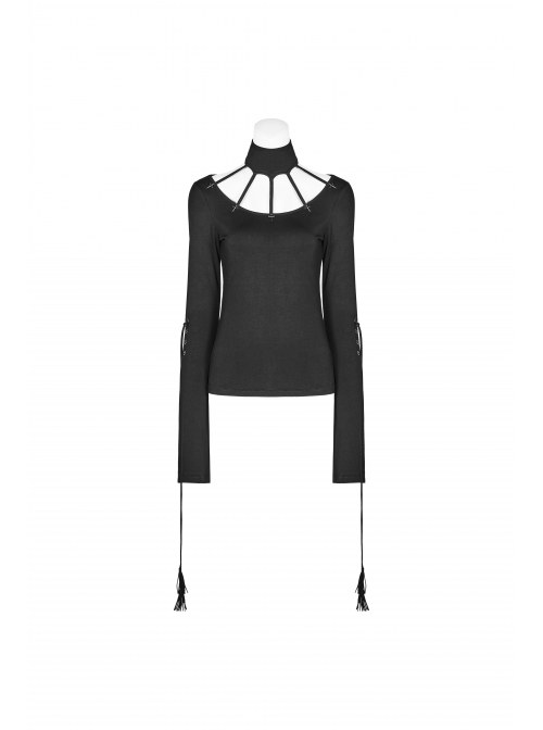 High Collar Front Chest Hollow-Out Knit Strip Open-Fork Horns Sleeve Leather Lace-Up Tassel Black Gothic T-Shirt